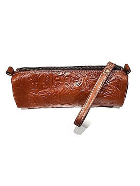 Patricia Nash Travel Makeup Cosmetic Brown Leather Wristlet Bag